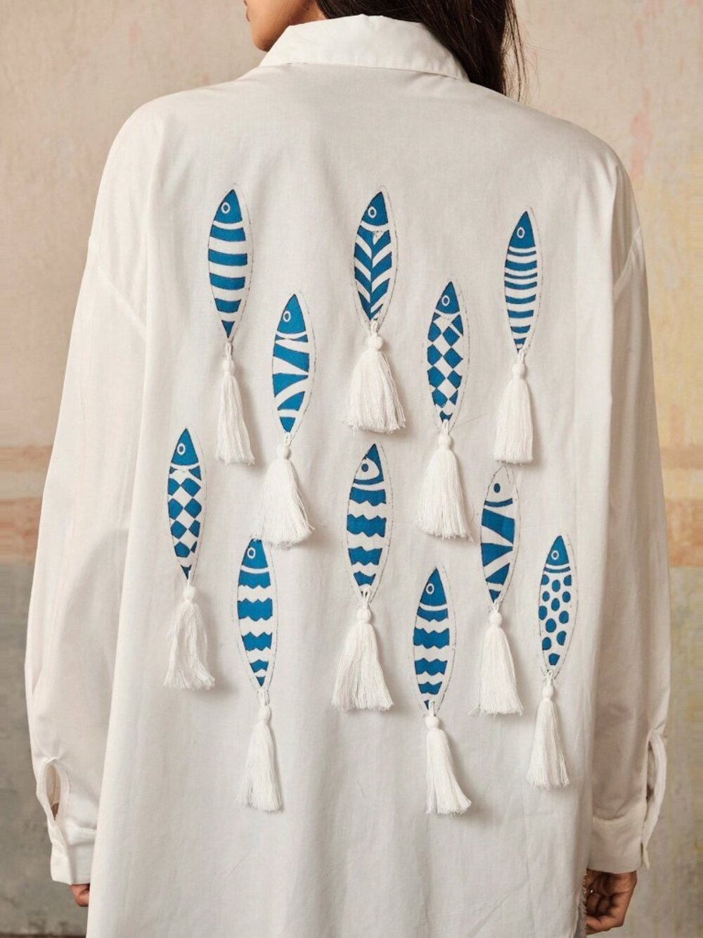 White Casual Loose Fit Long Sleeve Tassel detailed Artistic Fish Women's Blouse - Picture 1 of 7